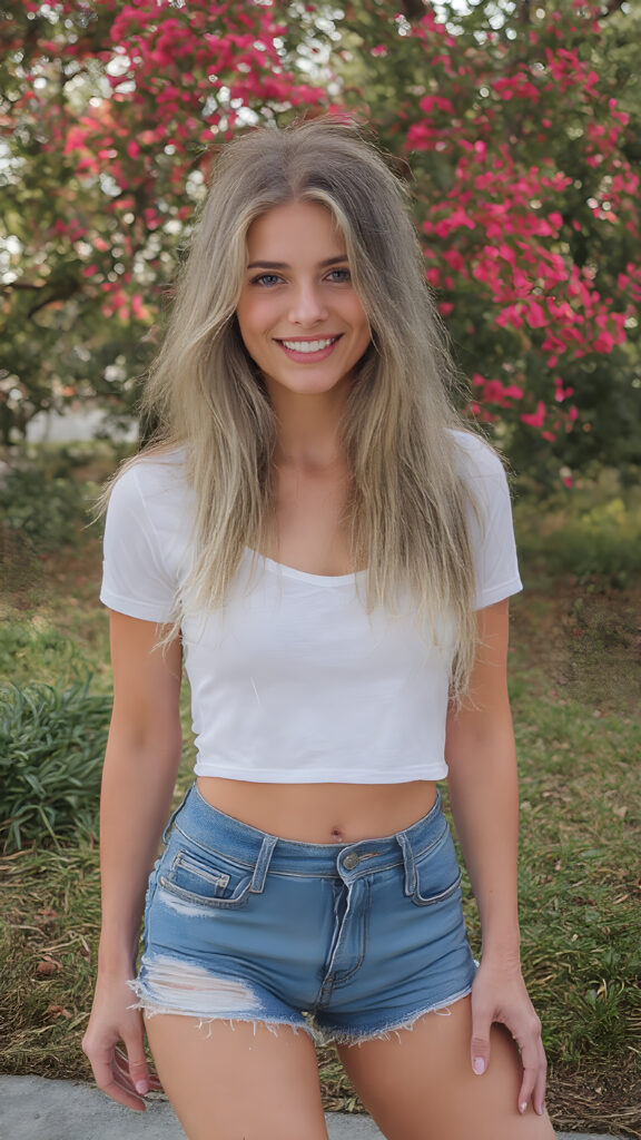 A (((vivid full body))) photo of an incredibly attractive, (((stunning cute girl))) with long, flowing silky blonde hair and (fit, toned legs), dressed in a very thin tight (white T-shirt) and (tattered denim shorts) that cling to her body in a playful yet sophisticated pose. Her smile is warm and inviting. She’s posed against a backdrop of a lush, vivid city park