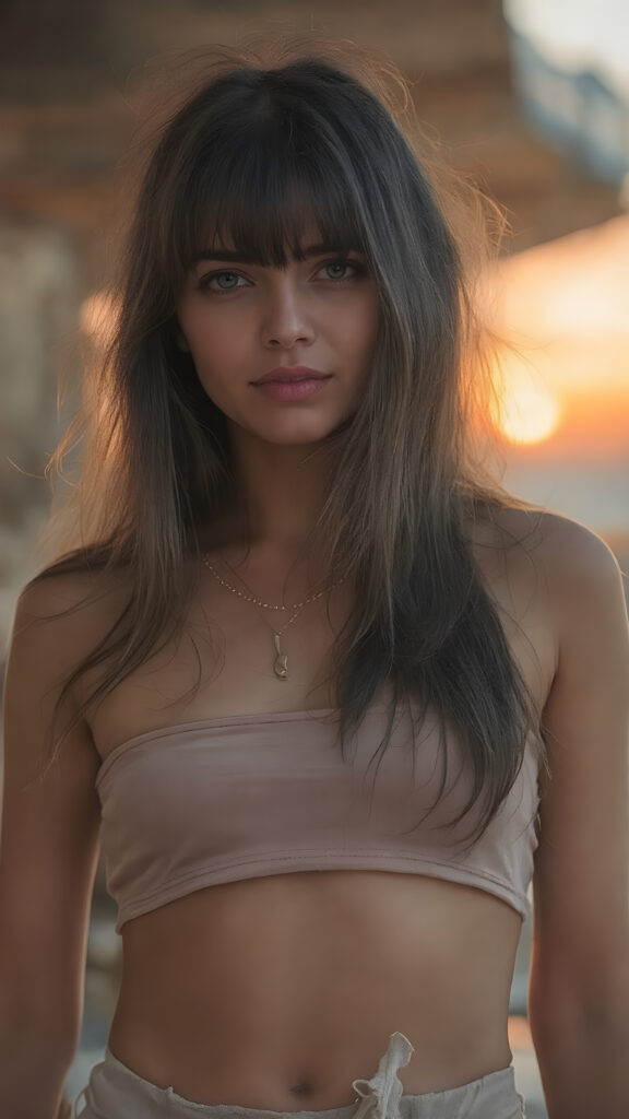 A (((vivid full body photo))) capturing a (((super sexy and posh young brunette girl))) with long, flowing hair and (((cut bangs)), that perfectly complements her sleek and sophisticated ((spandy, cropped top)) and (((tattered shorts))), which match the confidence of her pose, under a softly diffused ((sunset)) with intricate, shimmering ((water droplets)), giving an air of sophistication and fantasy