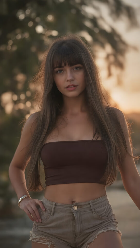 A (((vivid full body photo))) capturing a (((super sexy and posh young brunette girl))) with long, flowing hair and (((cut bangs)), that perfectly complements her sleek and sophisticated ((spandy, cropped top)) and (((tattered shorts))), which match the confidence of her pose, under a softly diffused ((sunset)) with intricate, shimmering ((water droplets)), giving an air of sophistication and fantasy