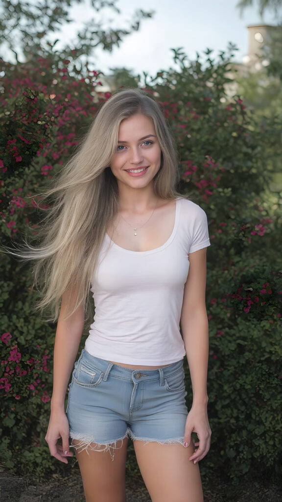 A (((vivid full body))) photo of an incredibly attractive, (((stunning cute girl))) with long, flowing silky blonde hair and (fit, toned legs), dressed in a very thin tight (white T-shirt) and (tattered denim shorts) that cling to her body in a playful yet sophisticated pose. Her smile is warm and inviting. She’s posed against a backdrop of a lush, vivid city park