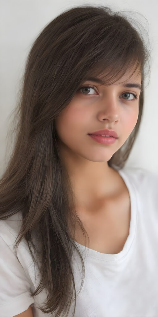 A (((vividly beautiful 20-year-old adult girl))), with (((thoughtfully long, soft black straight hair))), that gently curls into a (((playful but welcoming pose))), paired with (((full, defined red lips))), which add a pop of (colorful contrast) to her (((softly fitting white T-shirt))), giving off an air of (carefulness and attention to detail). Her skin is (light brown), a (soft color) that complements her (cheerful demeanor) perfectly. (((Perfect body))). (((Toned and defined arms and shoulders))), (((strongly hinted at))) in her posture, reflecting a (fantastical, whimsical beauty) that exudes (quality and attention to detail) in every detail of her being. (((8k resolution))), UHD, (((masterpiece))) image that captures the essence of this fantastical moment.