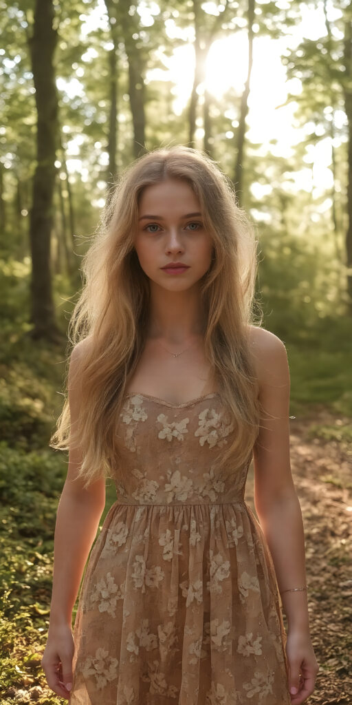A (((vividly beautiful adult teen girl))) with pale skin and (((gorgeously flowing golden hair))), dressed in a (((nature-inspired summer dress))), adorned with ethereal (((glittering flowers))) that softly glow amidst a backdrop of (sunlight filtering through the trees) of a (gently winding path) in the forest, capturing an (exuberantly sensual atmosphere)