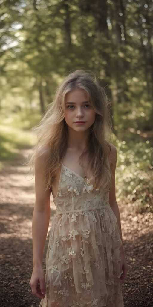 A (((vividly beautiful adult teen girl))) with pale skin and (((gorgeously flowing golden hair))), dressed in a (((nature-inspired summer dress))), adorned with ethereal (((glittering flowers))) that softly glow amidst a backdrop of (sunlight filtering through the trees) of a (gently winding path) in the forest, capturing an (exuberantly sensual atmosphere)