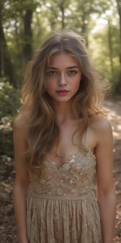 A (((vividly beautiful adult teen girl))) with pale skin and (((gorgeously flowing golden hair))), dressed in a (((nature-inspired summer dress))), adorned with ethereal (((glittering flowers))) that softly glow amidst a backdrop of (sunlight filtering through the trees) of a (gently winding path) in the forest, capturing an (exuberantly sensual atmosphere)
