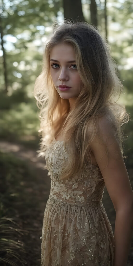A (((vividly beautiful adult teen girl))) with pale skin and (((gorgeously flowing golden hair))), dressed in a (((nature-inspired summer dress))), adorned with ethereal (((glittering flowers))) that softly glow amidst a backdrop of (sunlight filtering through the trees) of a (gently winding path) in the forest, capturing an (exuberantly sensual atmosphere)