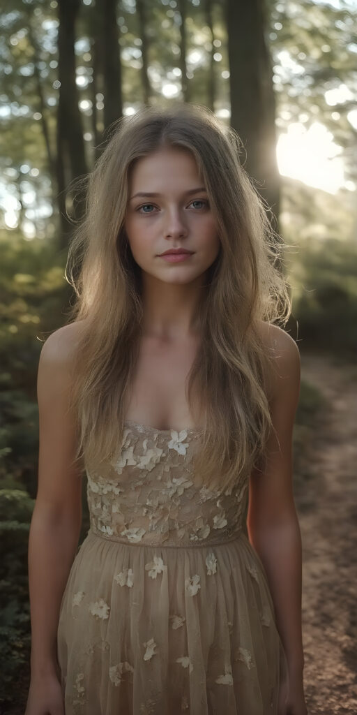 A (((vividly beautiful adult teen girl))) with pale skin and (((gorgeously flowing golden hair))), dressed in a (((nature-inspired summer dress))), adorned with ethereal (((glittering flowers))) that softly glow amidst a backdrop of (sunlight filtering through the trees) of a (gently winding path) in the forest, capturing an (exuberantly sensual atmosphere)