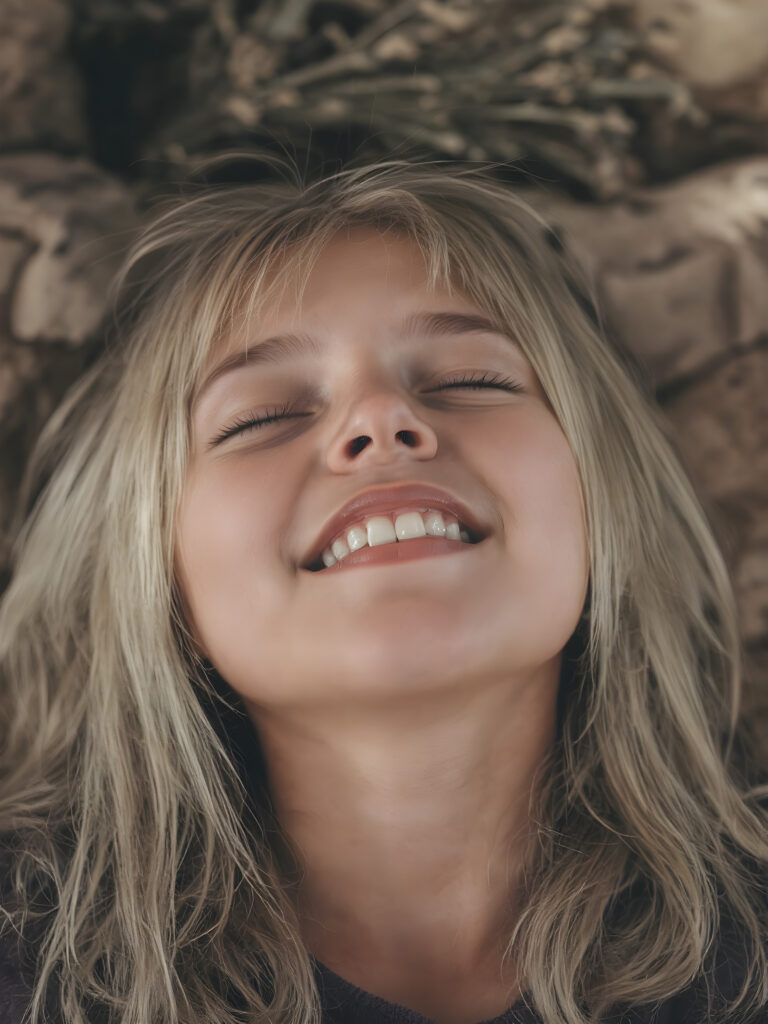 A vividly captured (((full body shot))) from a young teen girl with a warm, inviting smile, lying on the back, head tilted back, comfortably settled in a soft, inviting position. She has straight soft long blond and white hair, her (((eyes are closed))) ((wide open mouth, white teeth)) and her full lips are slightly parted, as if captured in a ((seductive moment)). The scene is set against a backdrop of a (softly lit) environment that suggests a natural, rustic setting, enhancing the warm and inviting mood of the photo.