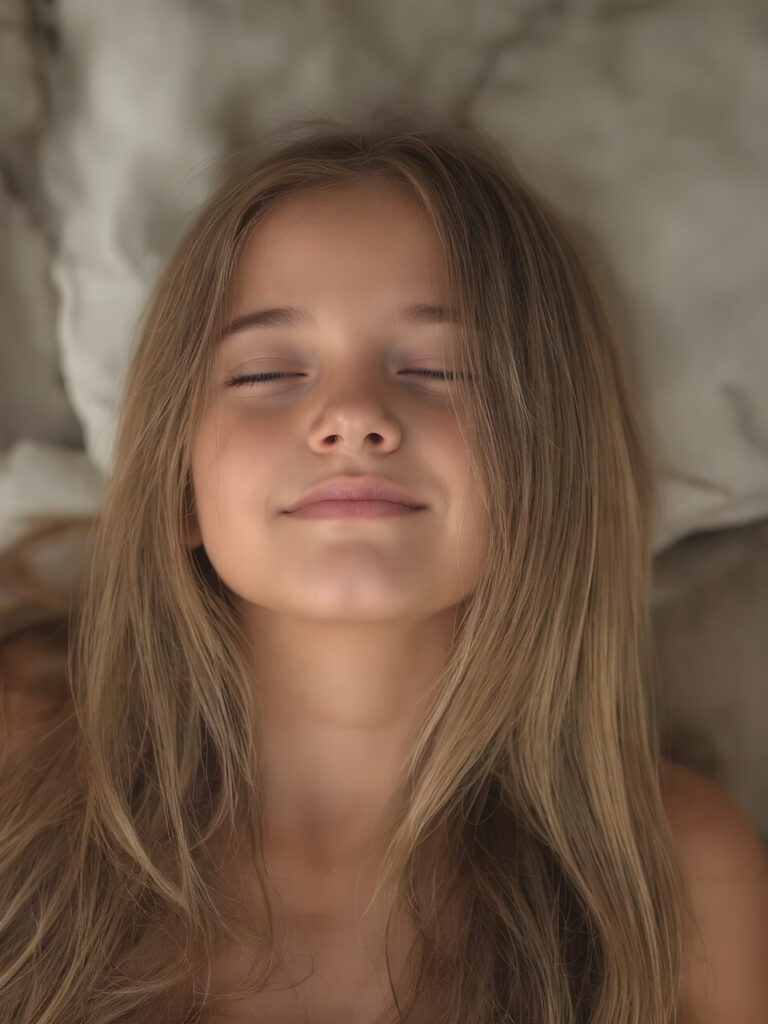 A vividly captured (((full body shot))) from a young teen girl with a warm, inviting smile, lying on the back, head tilted back, comfortably settled in a soft, inviting position. She has straight soft long amber hair, her (((eyes are closed))) and her lips are slightly parted, as if captured in a ((seductive moment)). The scene is set against a backdrop of a (softly lit) environment that suggests a natural, rustic setting, enhancing the warm and inviting mood of the photo.