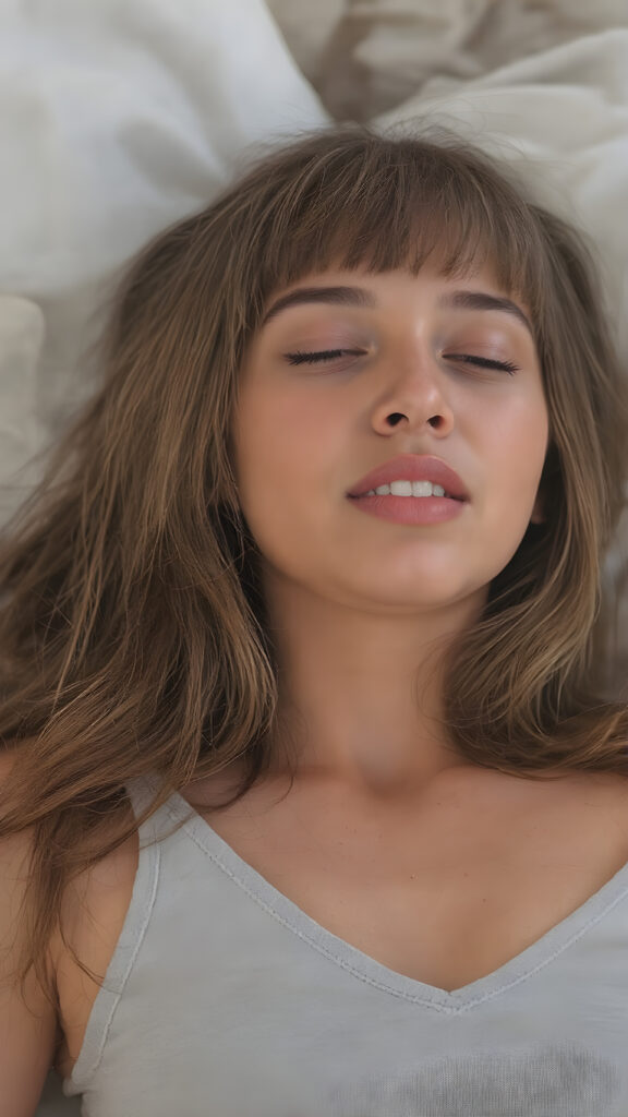 A vividly captured (((full body shot))) from a adult tomboy girl with a warm, wide open mouth, white teeth, lying on the back, head tilted back, comfortably settled in a soft, inviting position. She has straight soft long amber brown detailed hair, bangs cut, round face. Her (((eyes are closed))) and her full plumps red lips are slightly parted, as if captured in a ((seductive moment)). She wears a light grey cropped tank top, deep v-neck. The scene is set against a backdrop of a (softly lit) environment that suggests a natural backdrop, enhancing the warm and inviting mood of the photo.