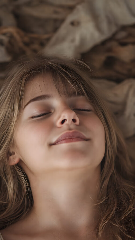 A vividly captured (((full body shot))) from a young teen girl with a warm, inviting smile, lying on the back, head tilted back, comfortably settled in a soft, inviting position. She has straight soft long amber hair, her (((eyes are closed))) and her lips are slightly parted, as if captured in a ((seductive moment)). The scene is set against a backdrop of a (softly lit) environment that suggests a natural, rustic setting, enhancing the warm and inviting mood of the photo.