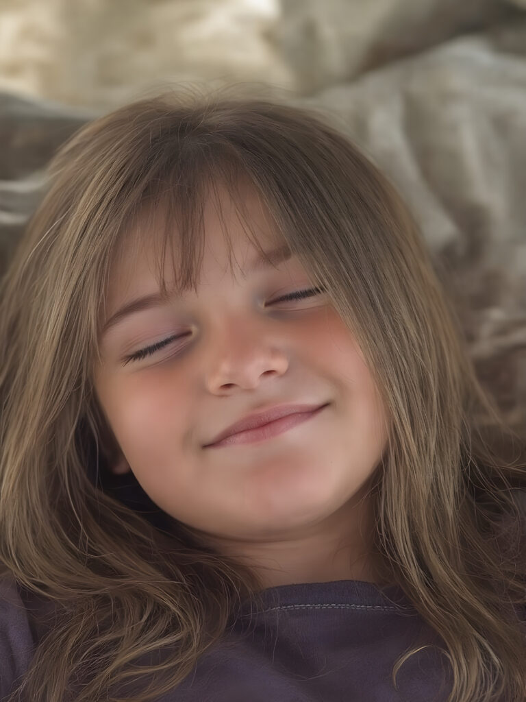 A vividly captured (((full body shot))) from a young teen girl with a warm, inviting smile, lying on the back, head tilted back, comfortably settled in a soft, inviting position. She has straight soft long amber hair, her (((eyes are closed))) and her lips are slightly parted, as if captured in a ((seductive moment)). The scene is set against a backdrop of a (softly lit) environment that suggests a natural, rustic setting, enhancing the warm and inviting mood of the photo.