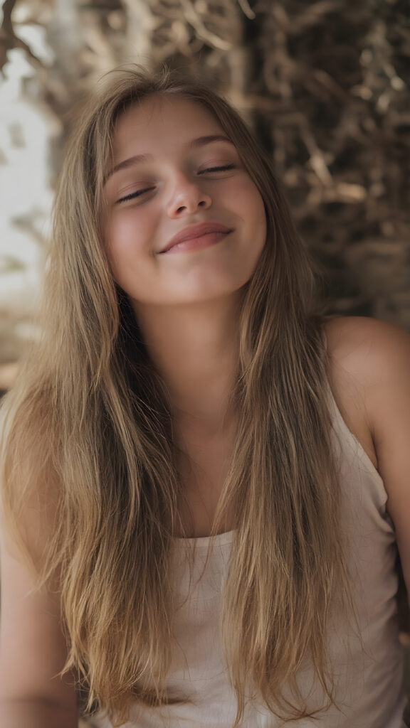 A vividly captured (((full body shot))) from a young teen girl with a warm, inviting smile, lying on the back, head tilted back, comfortably settled in a soft, inviting position. She has straight soft long amber hair, her (((eyes are closed))) and her lips are slightly parted, as if captured in a ((seductive moment)). The scene is set against a backdrop of a (softly lit) environment that suggests a natural, rustic setting, enhancing the warm and inviting mood of the photo.