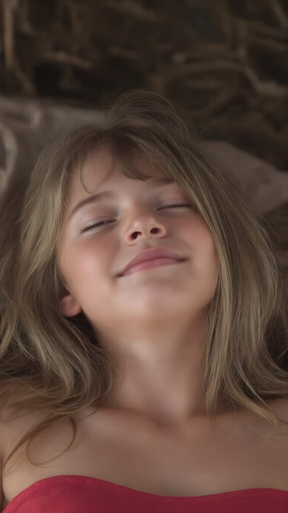 A vividly captured (((full body shot))) from a young teen girl with a warm, inviting smile, lying on the back, head tilted back, comfortably settled in a soft, inviting position. She has straight soft long amber hair, her (((eyes are closed))) and her lips are slightly parted, as if captured in a ((seductive moment)). The scene is set against a backdrop of a (softly lit) environment that suggests a natural, rustic setting, enhancing the warm and inviting mood of the photo.