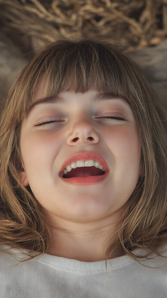 A vividly captured (((full body shot))) from a adult tomboy girl with a warm, wide open mouth, white teeth, lying on the back, head tilted back, comfortably settled in a soft, inviting position. She has straight soft long amber brown detailed hair, bangs cut, round face. Her (((eyes are closed))) and her full plumps red lips are slightly parted, as if captured in a ((seductive moment)). She wears a light grey cropped tank top, deep v-neck. The scene is set against a backdrop of a (softly lit) environment that suggests a natural backdrop, enhancing the warm and inviting mood of the photo.