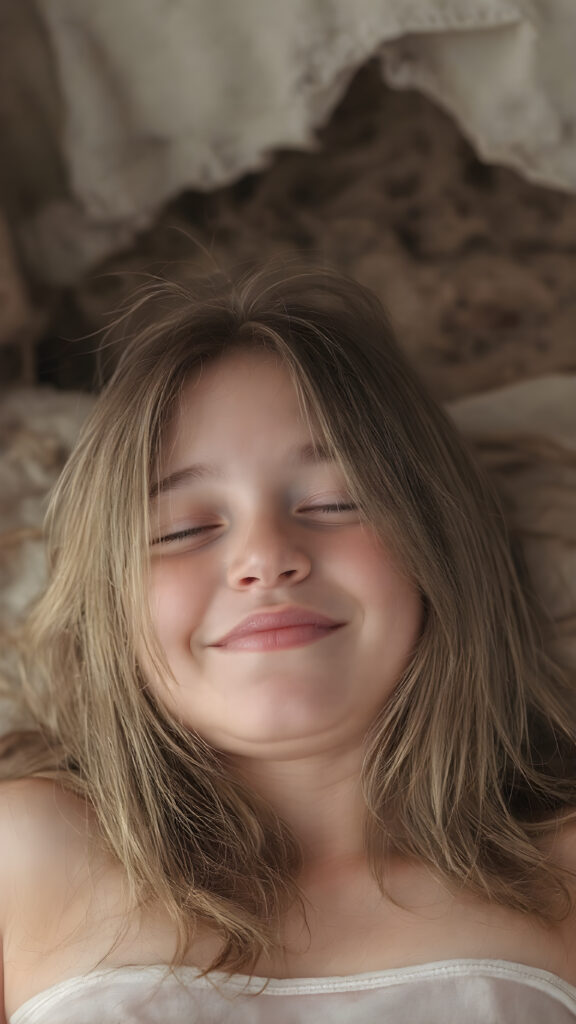 A vividly captured (((full body shot))) from a young teen girl with a warm, inviting smile, lying on the back, head tilted back, comfortably settled in a soft, inviting position. She has straight soft long amber hair, her (((eyes are closed))) and her lips are slightly parted, as if captured in a ((seductive moment)). The scene is set against a backdrop of a (softly lit) environment that suggests a natural, rustic setting, enhancing the warm and inviting mood of the photo.