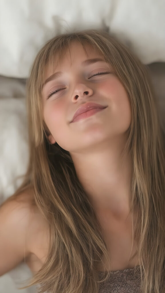 A vividly captured (((full body shot))) from a young teen girl with a warm, inviting smile, lying on the back, head tilted back, comfortably settled in a soft, inviting position. She has straight soft long amber hair, her (((eyes are closed))) and her lips are slightly parted, as if captured in a ((seductive moment)). The scene is set against a backdrop of a (softly lit) environment that suggests a natural, rustic setting, enhancing the warm and inviting mood of the photo.
