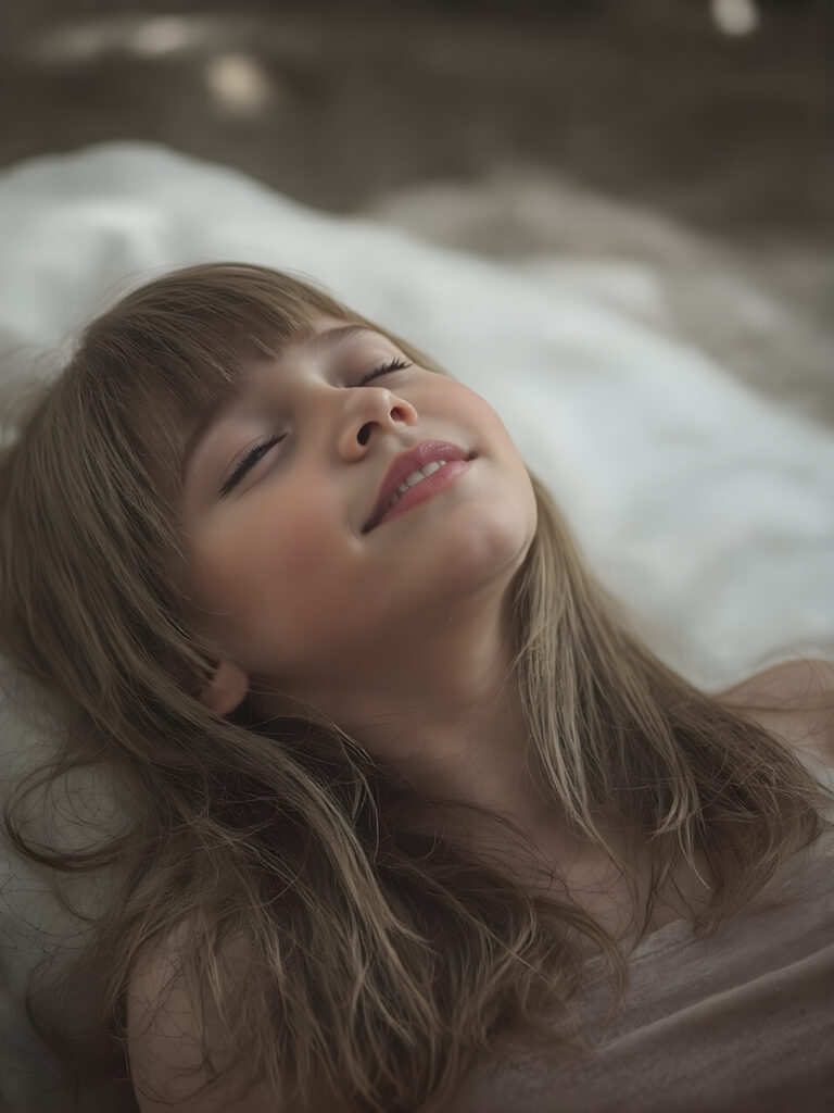 A vividly captured (((full body shot))) from a young teen girl with a warm, inviting smile, lying on the back, head tilted back, comfortably settled in a soft, inviting position. She has straight soft long amber hair, her (((eyes are closed))) and her lips are slightly parted, as if captured in a ((seductive moment)). The scene is set against a backdrop of a (softly lit) environment that suggests a natural, rustic setting, enhancing the warm and inviting mood of the photo.