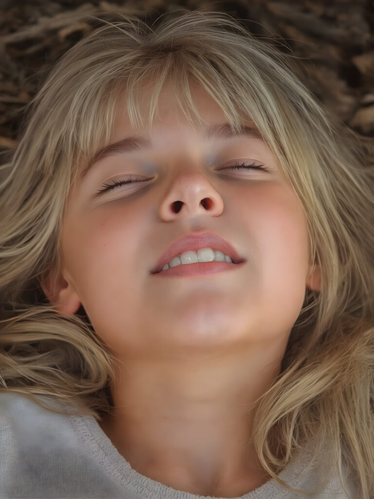 A vividly captured (((full body shot))) from a young teen girl with a warm, inviting smile, lying on the back, head tilted back, comfortably settled in a soft, inviting position. She has straight soft long blond and white hair, her (((eyes are closed))) ((wide open mouth, white teeth)) and her full lips are slightly parted, as if captured in a ((seductive moment)). The scene is set against a backdrop of a (softly lit) environment that suggests a natural, rustic setting, enhancing the warm and inviting mood of the photo.