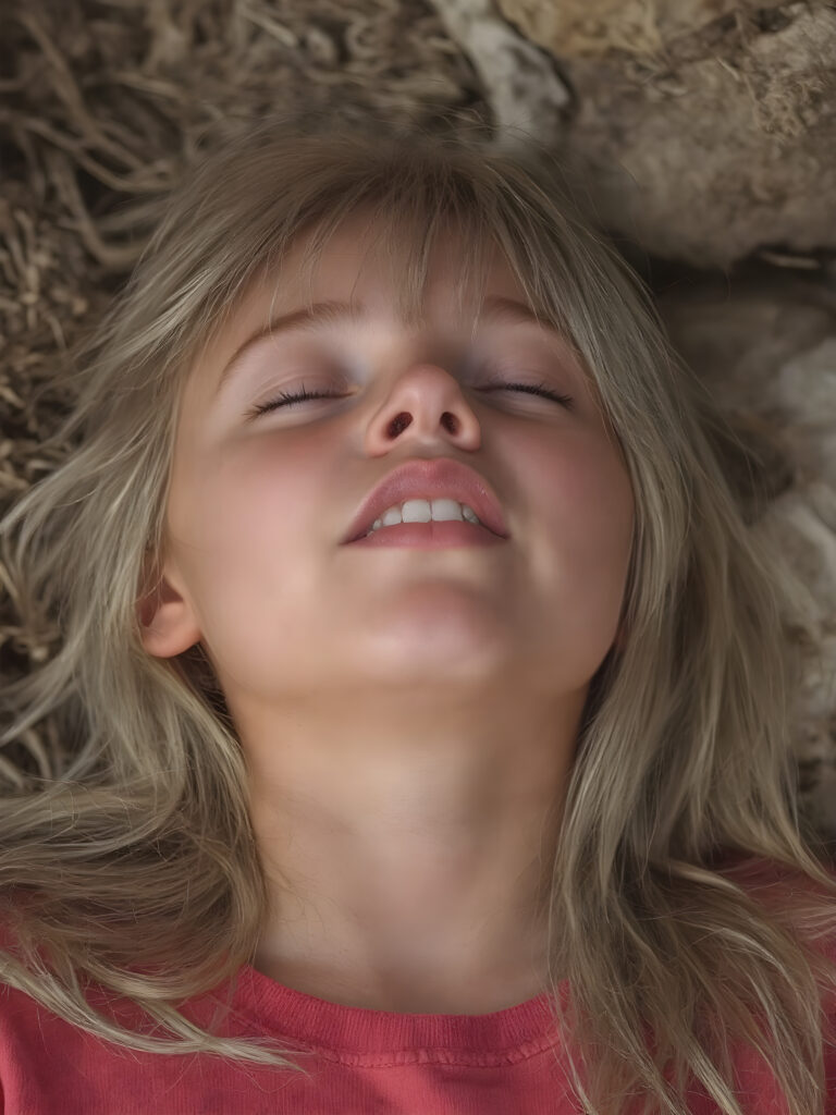 A vividly captured (((full body shot))) from a young teen girl with a warm, inviting smile, lying on the back, head tilted back, comfortably settled in a soft, inviting position. She has straight soft long blond and white hair, her (((eyes are closed))) ((wide open mouth, white teeth)) and her full lips are slightly parted, as if captured in a ((seductive moment)). The scene is set against a backdrop of a (softly lit) environment that suggests a natural, rustic setting, enhancing the warm and inviting mood of the photo.