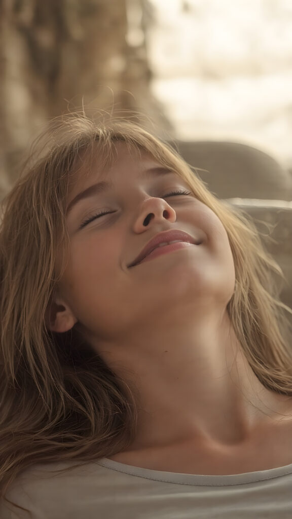 A vividly captured (((full body shot))) from a young teen girl with a warm, inviting smile, lying on the back, head tilted back, comfortably settled in a soft, inviting position. She has straight soft long amber hair, her (((eyes are closed))) and her lips are slightly parted, as if captured in a ((seductive moment)). The scene is set against a backdrop of a (softly lit) environment that suggests a natural, rustic setting, enhancing the warm and inviting mood of the photo.