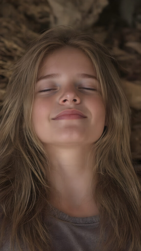 A vividly captured (((full body shot))) from a young teen girl with a warm, inviting smile, lying on the back, head tilted back, comfortably settled in a soft, inviting position. She has straight soft long amber hair, her (((eyes are closed))) and her lips are slightly parted, as if captured in a ((seductive moment)). The scene is set against a backdrop of a (softly lit) environment that suggests a natural, rustic setting, enhancing the warm and inviting mood of the photo.