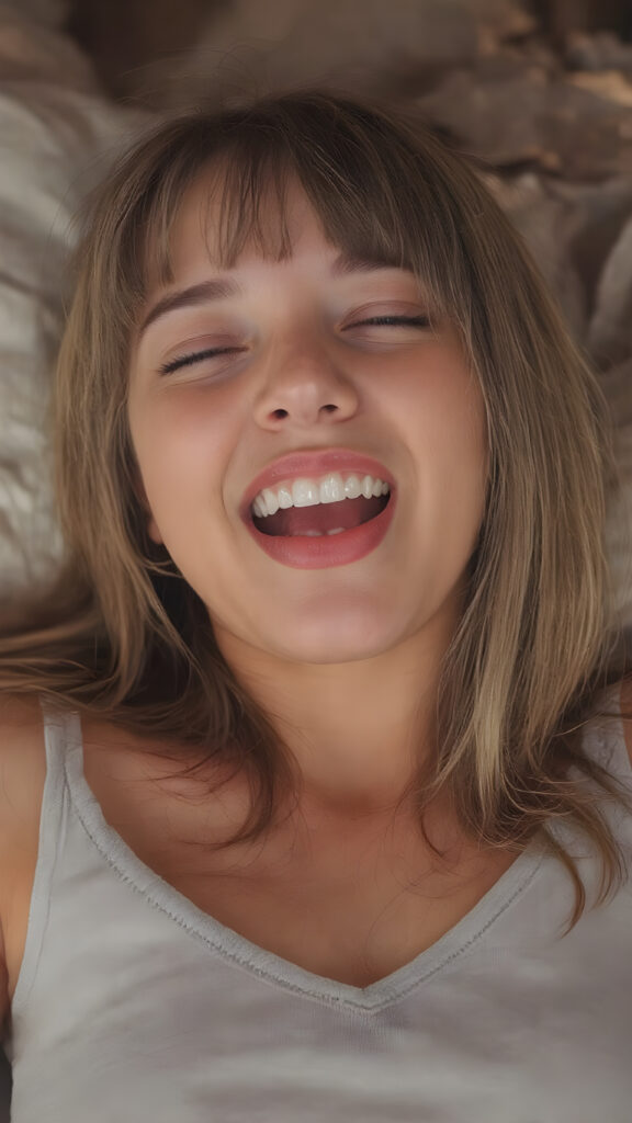 A vividly captured (((full body shot))) from a adult tomboy girl with a warm, wide open mouth, white teeth, lying on the back, head tilted back, comfortably settled in a soft, inviting position. She has straight soft long amber brown detailed hair, bangs cut, round face. Her (((eyes are closed))) and her full plumps red lips are slightly parted, as if captured in a ((seductive moment)). She wears a light grey cropped tank top, deep v-neck. The scene is set against a backdrop of a (softly lit) environment that suggests a natural backdrop, enhancing the warm and inviting mood of the photo.