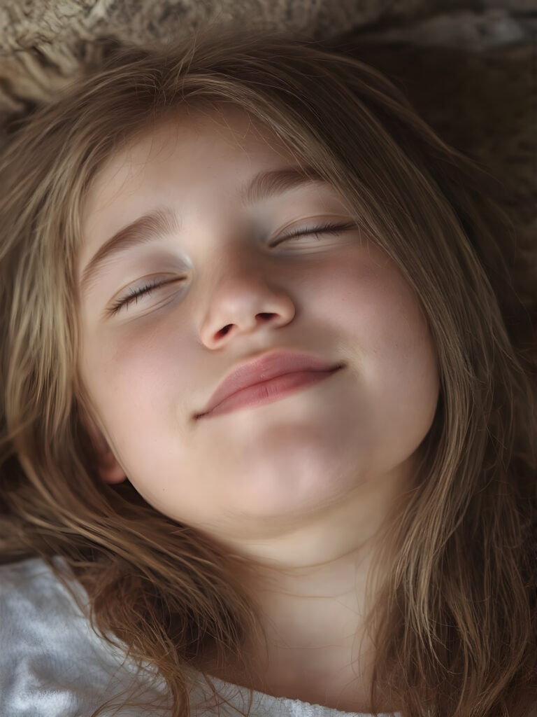 A vividly captured (((full body shot))) from a young teen girl with a warm, inviting smile, lying on the back, head tilted back, comfortably settled in a soft, inviting position. She has straight soft long amber hair, her (((eyes are closed))) and her lips are slightly parted, as if captured in a ((seductive moment)). The scene is set against a backdrop of a (softly lit) environment that suggests a natural, rustic setting, enhancing the warm and inviting mood of the photo.