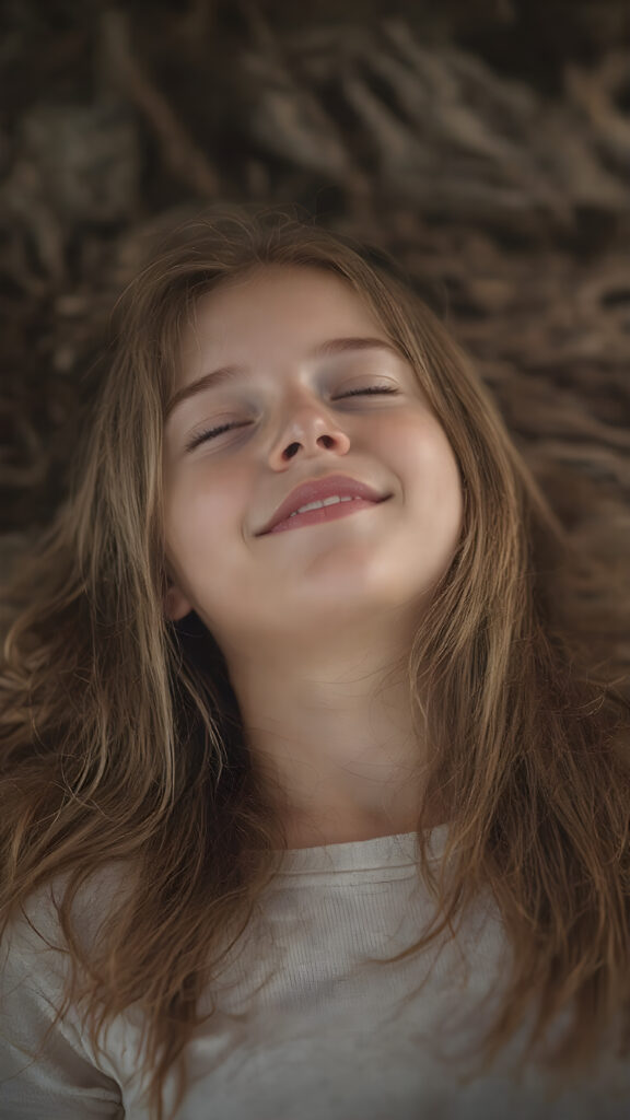 A vividly captured (((full body shot))) from a young teen girl with a warm, inviting smile, lying on the back, head tilted back, comfortably settled in a soft, inviting position. She has straight soft long amber hair, her (((eyes are closed))) and her lips are slightly parted, as if captured in a ((seductive moment)). The scene is set against a backdrop of a (softly lit) environment that suggests a natural, rustic setting, enhancing the warm and inviting mood of the photo.