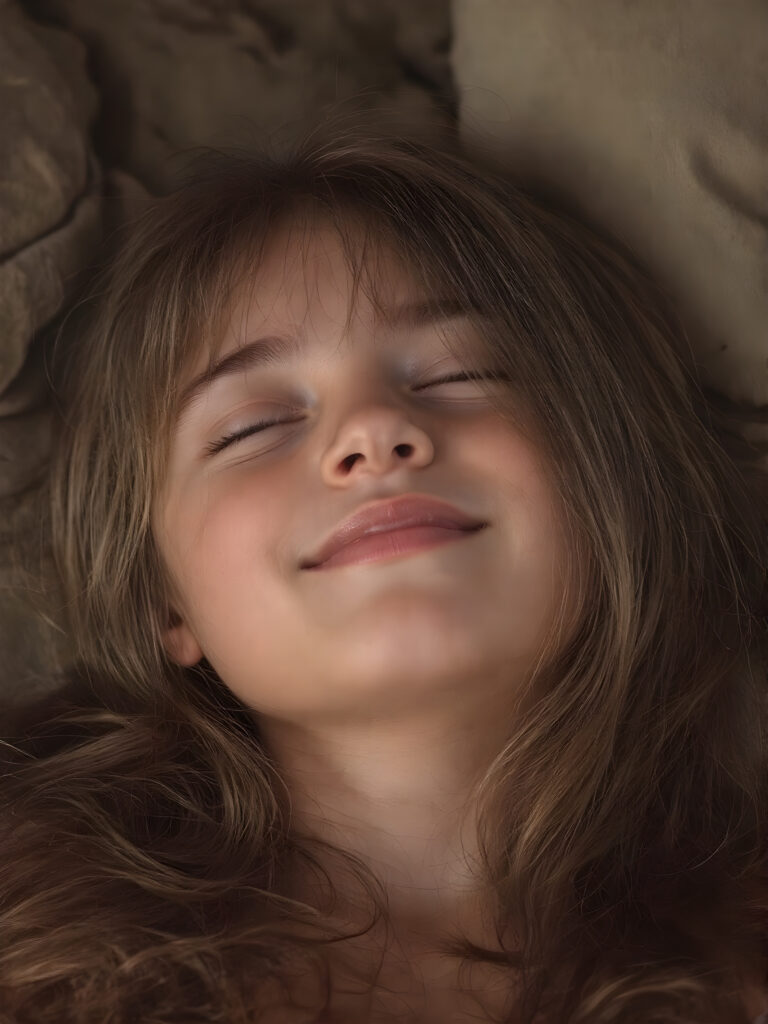 A vividly captured (((full body shot))) from a young teen girl with a warm, inviting smile, lying on the back, head tilted back, comfortably settled in a soft, inviting position. She has straight soft long amber hair, her (((eyes are closed))) and her lips are slightly parted, as if captured in a ((seductive moment)). The scene is set against a backdrop of a (softly lit) environment that suggests a natural, rustic setting, enhancing the warm and inviting mood of the photo.