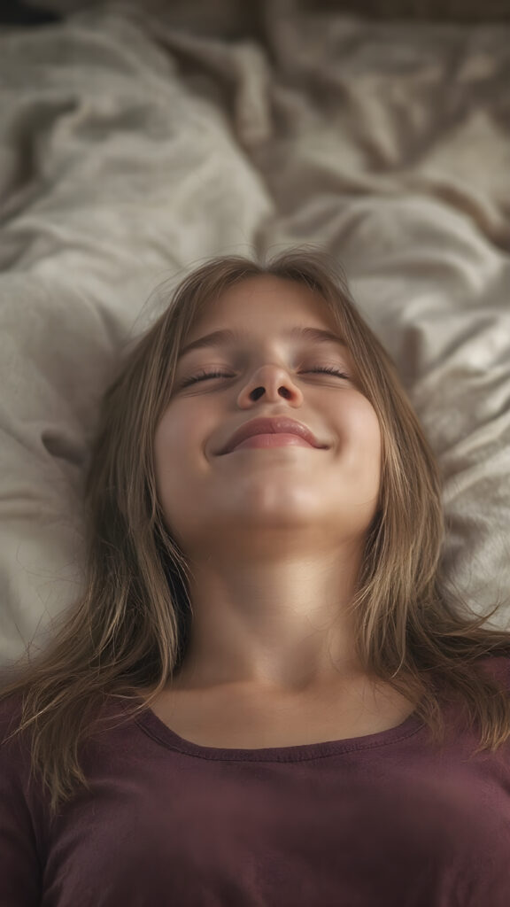 A vividly captured (((full body shot))) from a young teen girl with a warm, inviting smile, lying on the back, head tilted back, comfortably settled in a soft, inviting position. She has straight soft long amber hair, her (((eyes are closed))) and her lips are slightly parted, as if captured in a ((seductive moment)). The scene is set against a backdrop of a (softly lit) environment that suggests a natural, rustic setting, enhancing the warm and inviting mood of the photo.