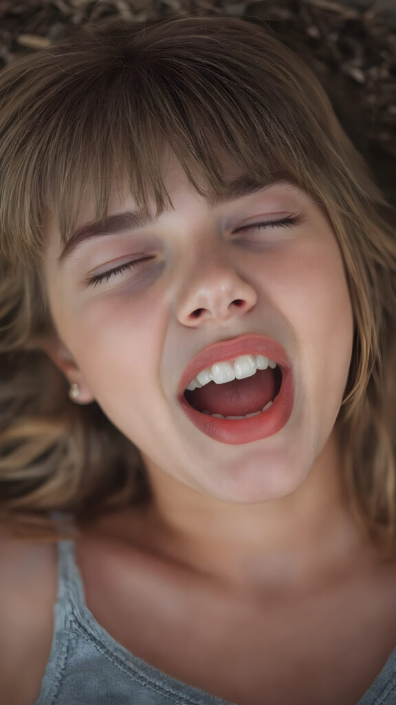 A vividly captured (((full body shot))) from a adult tomboy girl with a warm, wide open mouth, white teeth, lying on the back, head tilted back, comfortably settled in a soft, inviting position. She has straight soft long amber brown detailed hair, bangs cut, round face. Her (((eyes are closed))) and her full plumps red lips are slightly parted, as if captured in a ((seductive moment)). She wears a light grey cropped tank top, deep v-neck. The scene is set against a backdrop of a (softly lit) environment that suggests a natural backdrop, enhancing the warm and inviting mood of the photo.