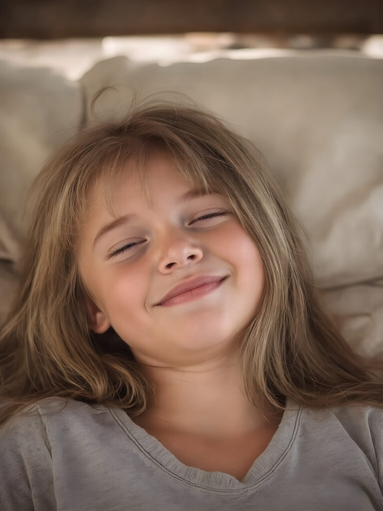 A vividly captured (((full body shot))) from a young teen girl with a warm, inviting smile, lying on the back, head tilted back, comfortably settled in a soft, inviting position. She has straight soft long amber hair, her (((eyes are closed))) and her lips are slightly parted, as if captured in a ((seductive moment)). The scene is set against a backdrop of a (softly lit) environment that suggests a natural, rustic setting, enhancing the warm and inviting mood of the photo.