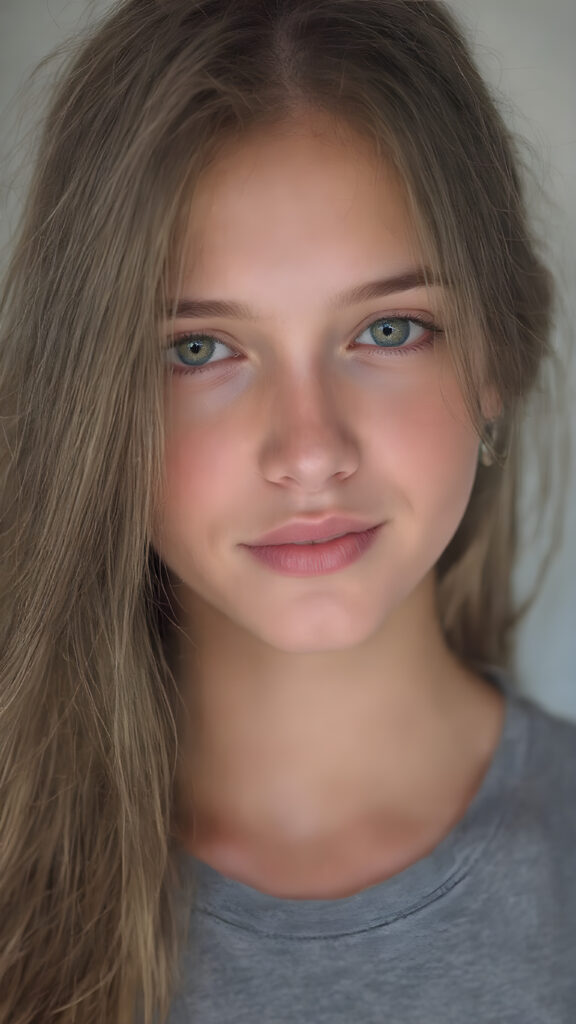 A (((vividly detailed upper body shot))) of a (((cute, attractive, and gorgeously realistic female teen with a beautiful, natural, and exceptionally long, straight, thick, untucked brown hair))), who exudes a warm, inviting smile. Her (((natural brown eyes))), which are captured in a highly detailed and aesthetically pleasing composition, are framed by her (((attractive, perfectly curved lips))) that offer a breathtakingly realistic detail. She wears a (((super short tight (grey t-shirt) that accentuates her perfect anatomy and complements her flawless skin)), accessorizing with (((realistic detailed earrings))) that match her face perfectly. The overall aesthetic is (((extremely hyper realistic for a teenage girl))) (((perfectly curved body))) and elegantly frames her (((face perfectly)), creating a breathtakingly realistic full body image that exudes extreme detail and a youthful, vivacious vibe