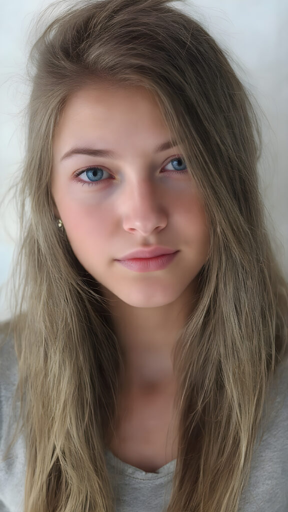 A (((vividly detailed upper body shot))) of a (((cute, attractive, and gorgeously realistic female teen with a beautiful, natural, and exceptionally long, straight, thick, untucked brown hair))), who exudes a warm, inviting smile. Her (((natural brown eyes))), which are captured in a highly detailed and aesthetically pleasing composition, are framed by her (((attractive, perfectly curved lips))) that offer a breathtakingly realistic detail. She wears a (((super short tight (grey t-shirt) that accentuates her perfect anatomy and complements her flawless skin)), accessorizing with (((realistic detailed earrings))) that match her face perfectly. The overall aesthetic is (((extremely hyper realistic for a teenage girl))) (((perfectly curved body))) and elegantly frames her (((face perfectly)), creating a breathtakingly realistic full body image that exudes extreme detail and a youthful, vivacious vibe