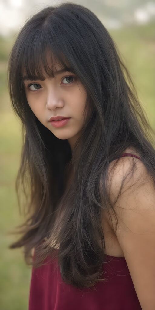 A (((vividly detailed full body medium silhouette shot))) of a (((beautiful teen girl))), with her (((black hair with straight long hair and thin bangs))), pale ((glancing silver-white eyes) that exude an air of innocence and youth, mixed with a healthy dolce vita complexion, all set against a (softly swirling natural background) that brings to mind a sense of gentle adventure