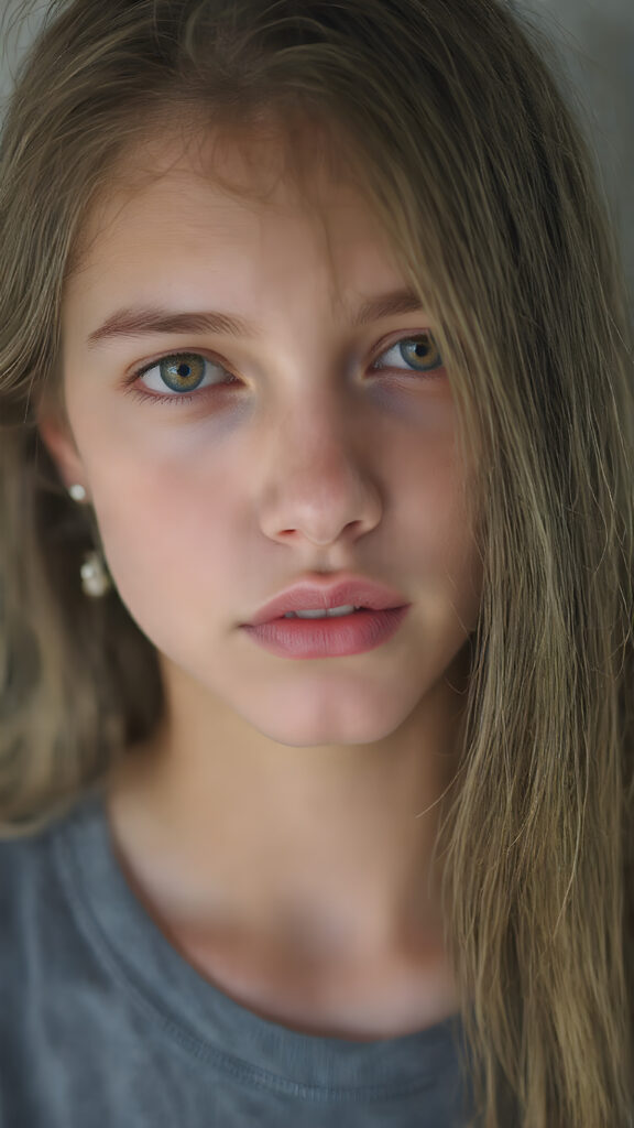 A (((vividly detailed upper body shot))) of a (((cute, attractive, and gorgeously realistic female teen with a beautiful, natural, and exceptionally long, straight, thick, untucked brown hair))), who exudes a warm, inviting smile. Her (((natural brown eyes))), which are captured in a highly detailed and aesthetically pleasing composition, are framed by her (((attractive, perfectly curved lips))) that offer a breathtakingly realistic detail. She wears a (((super short tight (grey t-shirt) that accentuates her perfect anatomy and complements her flawless skin)), accessorizing with (((realistic detailed earrings))) that match her face perfectly. The overall aesthetic is (((extremely hyper realistic for a teenage girl))) (((perfectly curved body))) and elegantly frames her (((face perfectly)), creating a breathtakingly realistic full body image that exudes extreme detail and a youthful, vivacious vibe