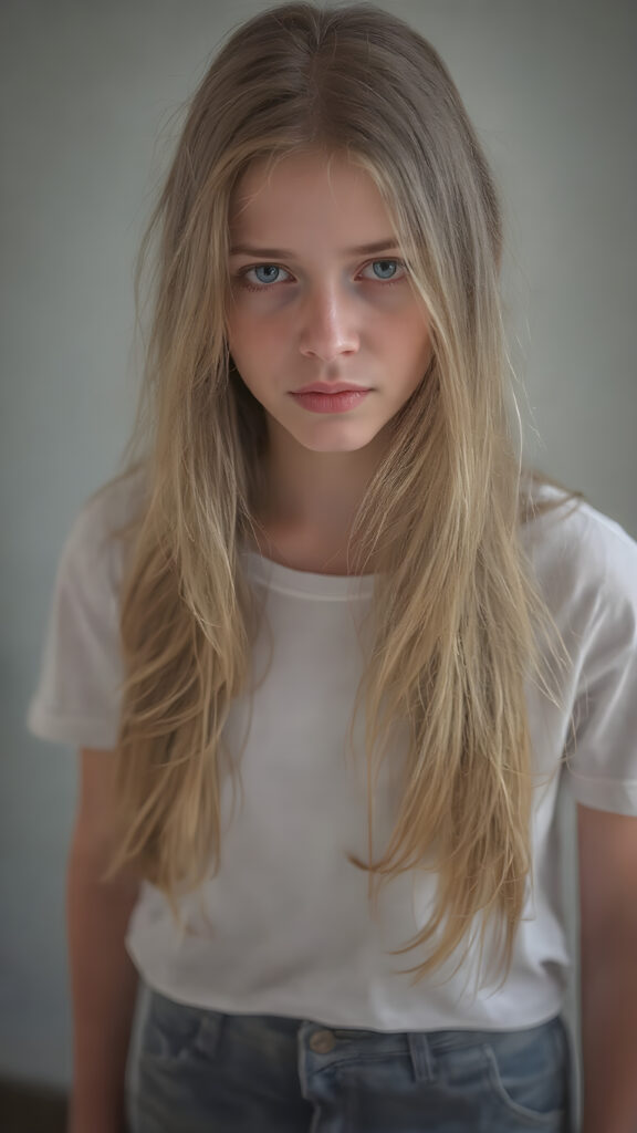 A (((vividly detailed full-body photo))), capturing a (((beautiful, sad and frightened adult girl))) with delicate, (((smooth and straight golden hair (((with a soft warm glow))) that flows elegantly down to her waist and creates a perfect symmetry across her back. Her (((softly curved face))) exudes an air of mystery and tranquility, adorned with (((black artfully drawn thin brows))), that frame her face beautifully. Her (((natural eye color))) adds a touch of realism to the overall image. (((Perfect hand and fingers))). Perfectly aligned lips create a harmonious smile. The (((natural texture of her skin))) adds a touch of realism to the overall image. She wears a (((super short tight (white) cotton shirt))) and (((cute (tiny denim shorts))) that enhance her perfect symmetry and convey a sense of warmth and comfort. The (((natural texture of her skin))) adds a touch of realism to the overall image, creating a perfect harmony between the subject's image and the surroundings.