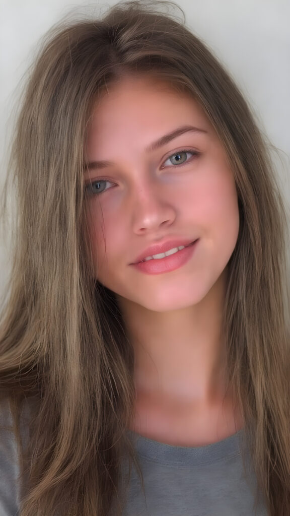 A (((vividly detailed upper body shot))) of a (((cute, attractive, and gorgeously realistic female teen with a beautiful, natural, and exceptionally long, straight, thick, untucked brown hair))), who exudes a warm, inviting smile. Her (((natural brown eyes))), which are captured in a highly detailed and aesthetically pleasing composition, are framed by her (((attractive, perfectly curved lips))) that offer a breathtakingly realistic detail. She wears a (((super short tight (grey t-shirt) that accentuates her perfect anatomy and complements her flawless skin)), accessorizing with (((realistic detailed earrings))) that match her face perfectly. The overall aesthetic is (((extremely hyper realistic for a teenage girl))) (((perfectly curved body))) and elegantly frames her (((face perfectly)), creating a breathtakingly realistic full body image that exudes extreme detail and a youthful, vivacious vibe