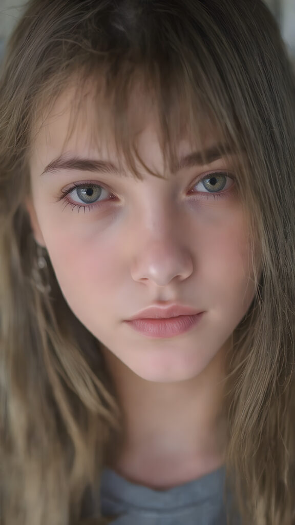 A (((vividly detailed upper body shot))) of a (((cute, attractive, and gorgeously realistic female teen with a beautiful, natural, and exceptionally long, straight, thick, untucked brown hair))), who exudes a warm, inviting smile. Her (((natural brown eyes))), which are captured in a highly detailed and aesthetically pleasing composition, are framed by her (((attractive, perfectly curved lips))) that offer a breathtakingly realistic detail. She wears a (((super short tight (grey t-shirt) that accentuates her perfect anatomy and complements her flawless skin)), accessorizing with (((realistic detailed earrings))) that match her face perfectly. The overall aesthetic is (((extremely hyper realistic for a teenage girl))) (((perfectly curved body))) and elegantly frames her (((face perfectly)), creating a breathtakingly realistic full body image that exudes extreme detail and a youthful, vivacious vibe