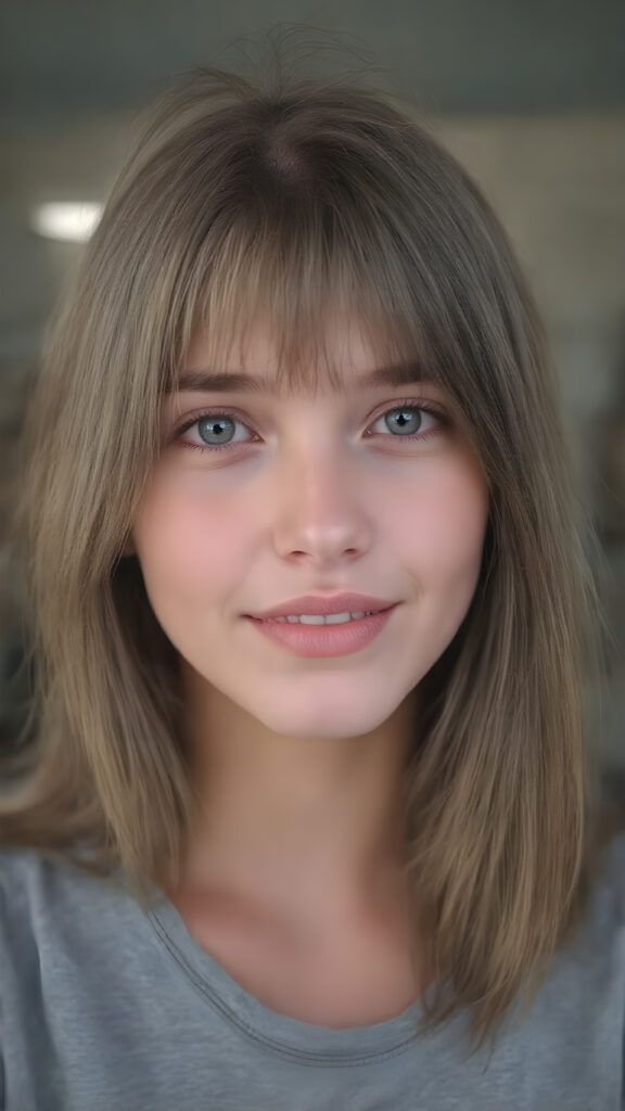A (((vividly detailed upper body shot))) of a (((cute, attractive, and gorgeously realistic female teen with a beautiful, natural, and exceptionally long, straight, thick, untucked brown hair))), who exudes a warm, inviting smile. Her (((natural brown eyes))), which are captured in a highly detailed and aesthetically pleasing composition, are framed by her (((attractive, perfectly curved lips))) that offer a breathtakingly realistic detail. She wears a (((super short tight (grey t-shirt) that accentuates her perfect anatomy and complements her flawless skin)), accessorizing with (((realistic detailed earrings))) that match her face perfectly. The overall aesthetic is (((extremely hyper realistic for a teenage girl))) (((perfectly curved body))) and elegantly frames her (((face perfectly)), creating a breathtakingly realistic full body image that exudes extreme detail and a youthful, vivacious vibe