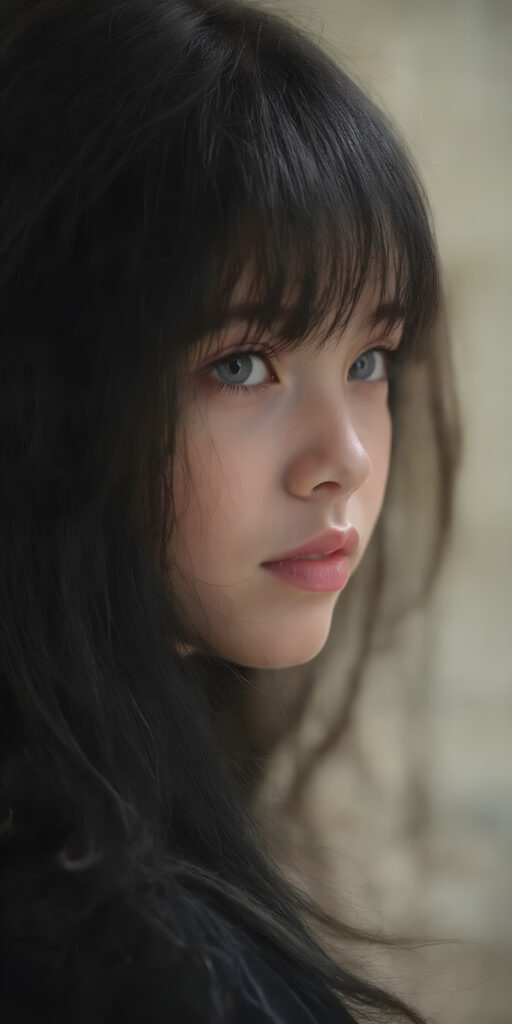 A (((vividly detailed full body medium silhouette shot))) of a (((beautiful teen girl))), with her (((black hair with straight long hair and thin bangs))), pale ((glancing silver-white eyes) that exude an air of innocence and youth, mixed with a healthy dolce vita complexion, all set against a (softly swirling natural background) that brings to mind a sense of gentle adventure
