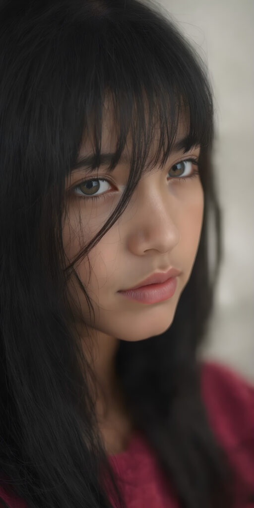A (((vividly detailed full body medium silhouette shot))) of a (((beautiful teen girl))), with her (((black hair with straight long hair and thin bangs))), pale ((glancing silver-white eyes) that exude an air of innocence and youth, mixed with a healthy dolce vita complexion, all set against a (softly swirling natural background) that brings to mind a sense of gentle adventure