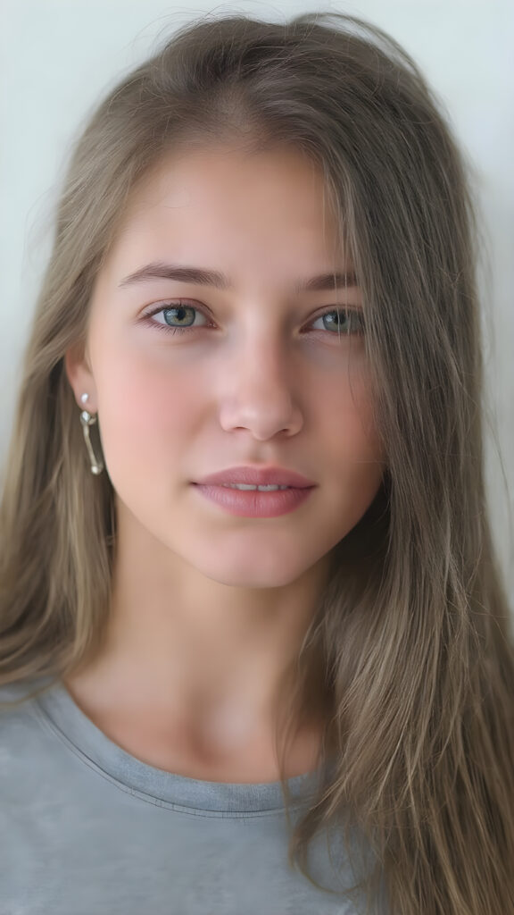 A (((vividly detailed upper body shot))) of a (((cute, attractive, and gorgeously realistic female teen with a beautiful, natural, and exceptionally long, straight, thick, untucked brown hair))), who exudes a warm, inviting smile. Her (((natural brown eyes))), which are captured in a highly detailed and aesthetically pleasing composition, are framed by her (((attractive, perfectly curved lips))) that offer a breathtakingly realistic detail. She wears a (((super short tight (grey t-shirt) that accentuates her perfect anatomy and complements her flawless skin)), accessorizing with (((realistic detailed earrings))) that match her face perfectly. The overall aesthetic is (((extremely hyper realistic for a teenage girl))) (((perfectly curved body))) and elegantly frames her (((face perfectly)), creating a breathtakingly realistic full body image that exudes extreme detail and a youthful, vivacious vibe