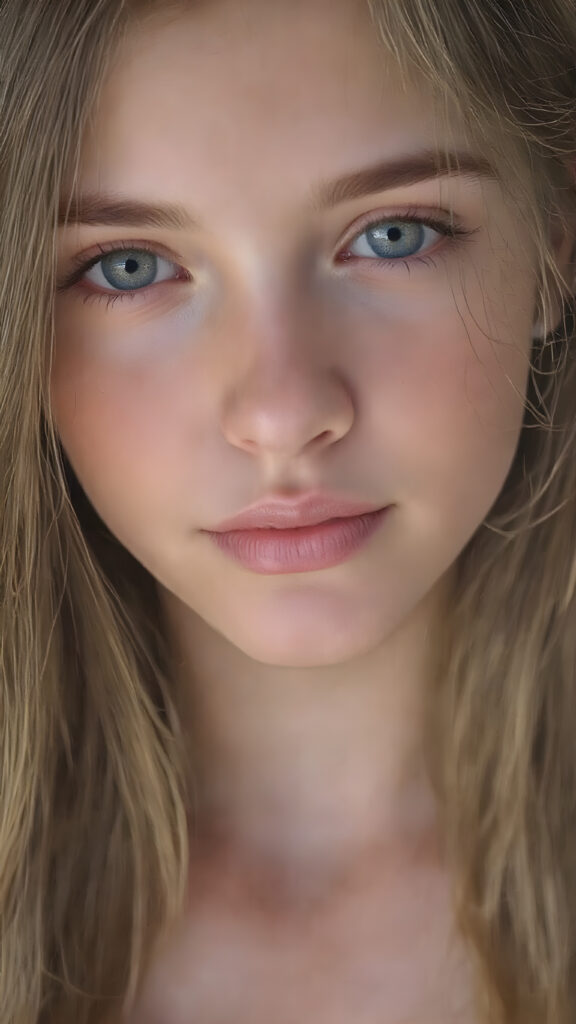 A (((vividly detailed upper body shot))) of a (((cute, attractive, and gorgeously realistic female teen with a beautiful, natural, and exceptionally long, straight, thick, untucked brown hair))), who exudes a warm, inviting smile. Her (((natural brown eyes))), which are captured in a highly detailed and aesthetically pleasing composition, are framed by her (((attractive, perfectly curved lips))) that offer a breathtakingly realistic detail. She wears a (((super short tight (grey t-shirt) that accentuates her perfect anatomy and complements her flawless skin)), accessorizing with (((realistic detailed earrings))) that match her face perfectly. The overall aesthetic is (((extremely hyper realistic for a teenage girl))) (((perfectly curved body))) and elegantly frames her (((face perfectly)), creating a breathtakingly realistic full body image that exudes extreme detail and a youthful, vivacious vibe