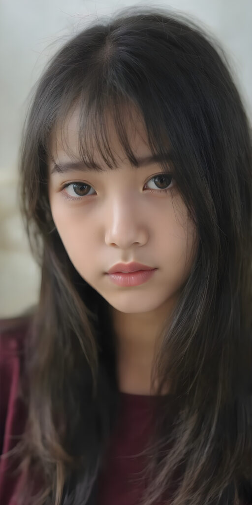 A (((vividly detailed full body medium silhouette shot))) of a (((beautiful teen girl))), with her (((black hair with straight long hair and thin bangs))), pale ((glancing silver-white eyes) that exude an air of innocence and youth, mixed with a healthy dolce vita complexion, all set against a (softly swirling natural background) that brings to mind a sense of gentle adventure