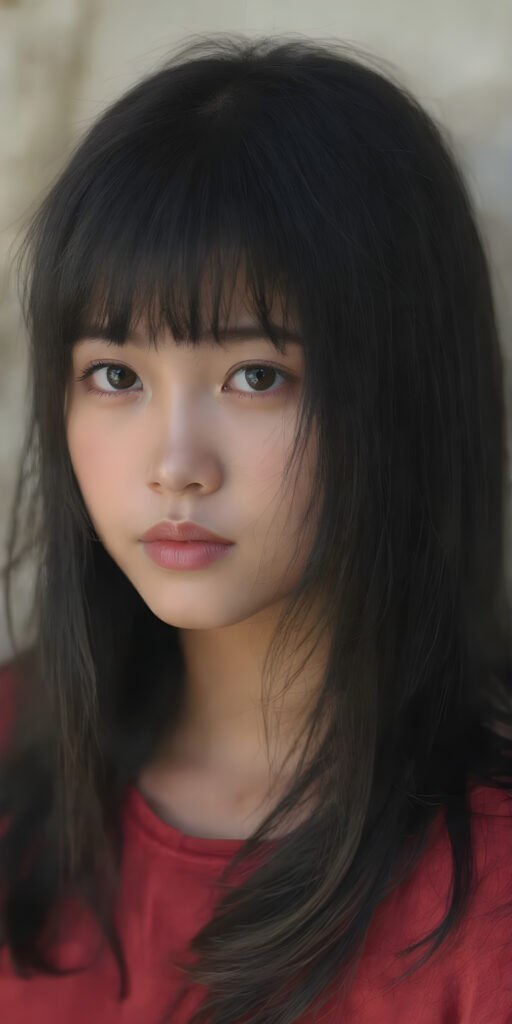 A (((vividly detailed full body medium silhouette shot))) of a (((beautiful teen girl))), with her (((black hair with straight long hair and thin bangs))), pale ((glancing silver-white eyes) that exude an air of innocence and youth, mixed with a healthy dolce vita complexion, all set against a (softly swirling natural background) that brings to mind a sense of gentle adventure