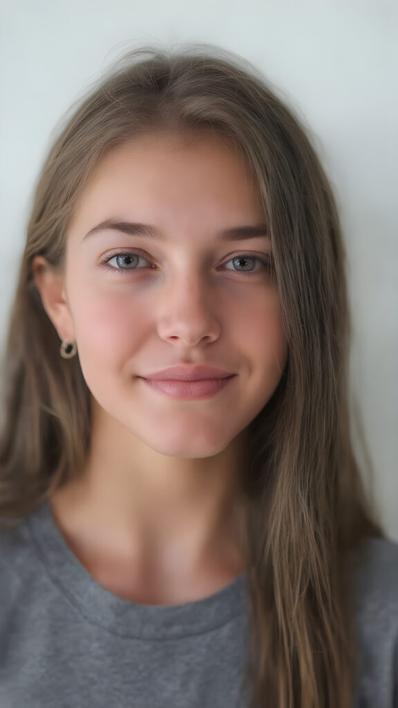 A (((vividly detailed upper body shot))) of a (((cute, attractive, and gorgeously realistic female teen with a beautiful, natural, and exceptionally long, straight, thick, untucked brown hair))), who exudes a warm, inviting smile. Her (((natural brown eyes))), which are captured in a highly detailed and aesthetically pleasing composition, are framed by her (((attractive, perfectly curved lips))) that offer a breathtakingly realistic detail. She wears a (((super short tight (grey t-shirt) that accentuates her perfect anatomy and complements her flawless skin)), accessorizing with (((realistic detailed earrings))) that match her face perfectly. The overall aesthetic is (((extremely hyper realistic for a teenage girl))) (((perfectly curved body))) and elegantly frames her (((face perfectly)), creating a breathtakingly realistic full body image that exudes extreme detail and a youthful, vivacious vibe