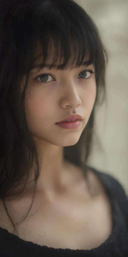 A (((vividly detailed full body medium silhouette shot))) of a (((beautiful teen girl))), with her (((black hair with straight long hair and thin bangs))), pale ((glancing silver-white eyes) that exude an air of innocence and youth, mixed with a healthy dolce vita complexion, all set against a (softly swirling natural background) that brings to mind a sense of gentle adventure