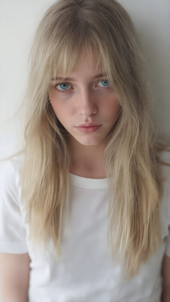 A (((vividly detailed full-body photo))), capturing a (((beautiful, sad and frightened adult girl))) with delicate, (((smooth and straight golden hair (((with a soft warm glow))) that flows elegantly down to her waist and creates a perfect symmetry across her back. Her (((softly curved face))) exudes an air of mystery and tranquility, adorned with (((black artfully drawn thin brows))), that frame her face beautifully. Her (((natural eye color))) adds a touch of realism to the overall image. (((Perfect hand and fingers))). Perfectly aligned lips create a harmonious smile. The (((natural texture of her skin))) adds a touch of realism to the overall image. She wears a (((super short tight (white) cotton shirt))) and (((cute (tiny denim shorts))) that enhance her perfect symmetry and convey a sense of warmth and comfort. The (((natural texture of her skin))) adds a touch of realism to the overall image, creating a perfect harmony between the subject's image and the surroundings.