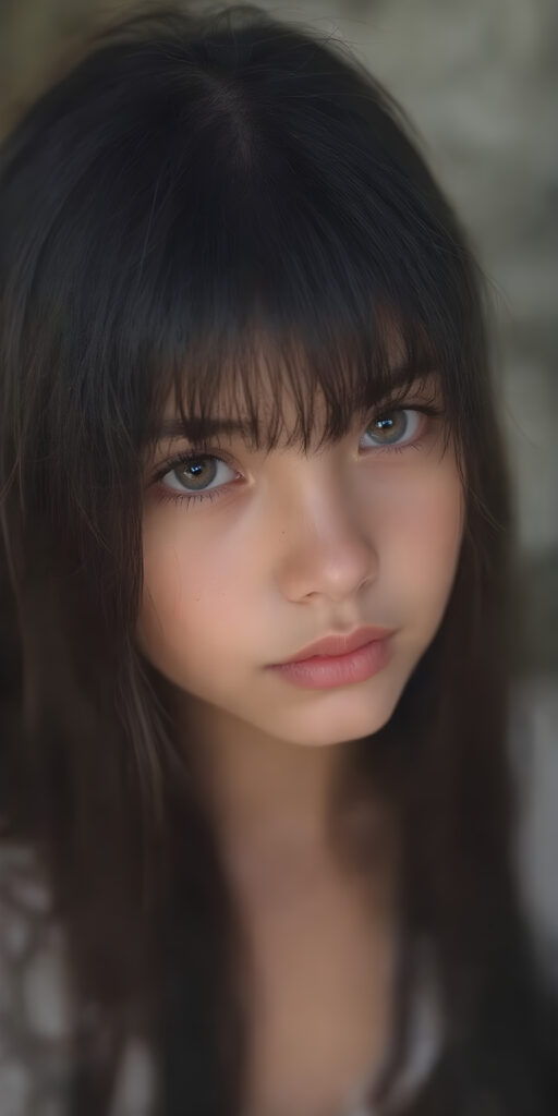 A (((vividly detailed full body medium silhouette shot))) of a (((beautiful teen girl))), with her (((black hair with straight long hair and thin bangs))), pale ((glancing silver-white eyes) that exude an air of innocence and youth, mixed with a healthy dolce vita complexion, all set against a (softly swirling natural background) that brings to mind a sense of gentle adventure